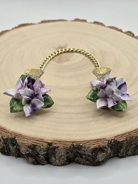 Vintage Floral Porcelain Cardigan Sweater Clip | Gold Tone | Purple Flowers